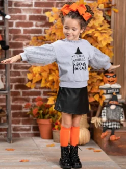 Bunch Of Hocus Pocus Sweater & Vegan Leather Skirt Set -Kid's Apparel Sales GHSEB027 Grey 6
