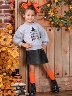 Bunch Of Hocus Pocus Sweater & Vegan Leather Skirt Set -Kid's Apparel Sales GHSEB027 Grey 8