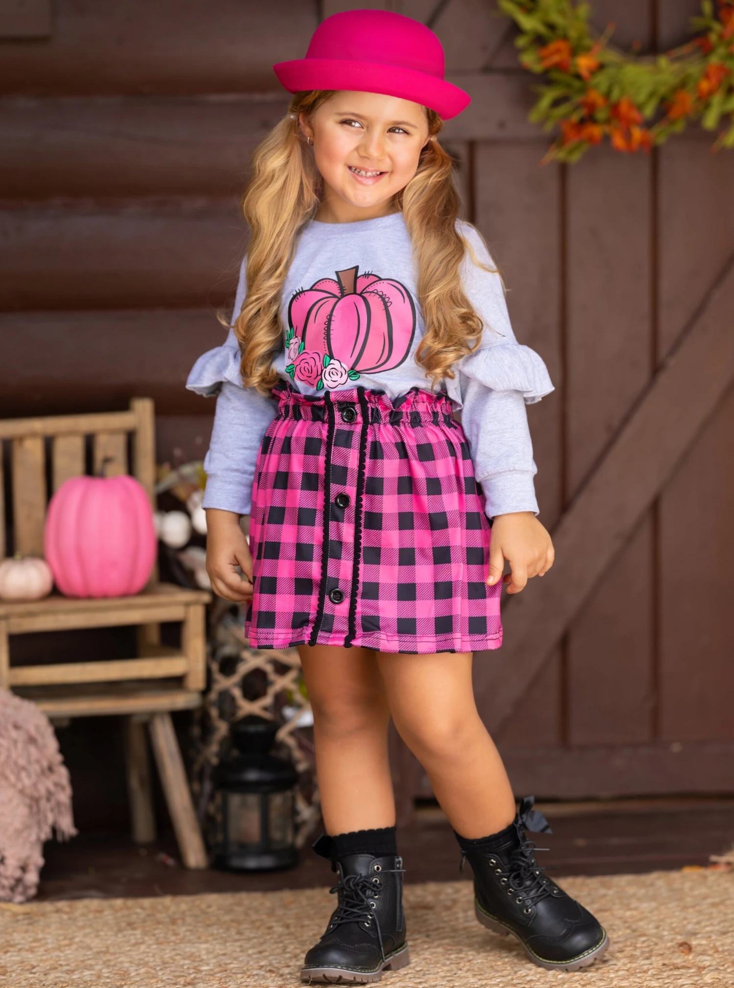 Pumpkin Preppy Ruffle Top & Plaid Skirt Set 2 Pumpkin Preppy Ruffle Top & Plaid Skirt Set - Image 2