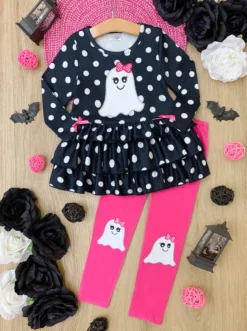 Polka Dot Boos Ruffle Tunic & Legging Set -Kid's Apparel Sales GHSEB031 Black scaled