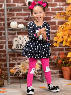 Polka Dot Boos Ruffle Tunic & Legging Set -Kid's Apparel Sales GHSEB031 Black 3
