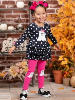 Polka Dot Boos Ruffle Tunic & Legging Set -Kid's Apparel Sales GHSEB031 Black 4