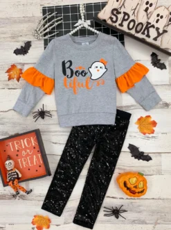 Boo-tiful Ruffle Sleeve Sweater & Sequin Legging Set 8 Boo-tiful Ruffle Sleeve Sweater & Sequin Legging Set -Kid's Apparel Sales GHSEB034 Grey scaled