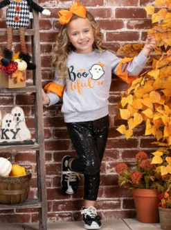 Boo-tiful Ruffle Sleeve Sweater & Sequin Legging Set 11 Boo-tiful Ruffle Sleeve Sweater & Sequin Legging Set -Kid's Apparel Sales GHSEB034 Grey 9