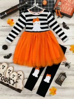 How Do You Boo Striped Tutu Tunic & Legging Set -Kid's Apparel Sales GHSEB037 Orange 2 scaled