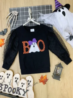 Polka Dot Boos Tulle Sleeve Sweater 13 Polka Dot Boos Tulle Sleeve Sweater -Kid's Apparel Sales GHSTB002 Black scaled