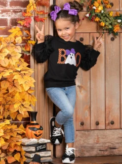 Polka Dot Boos Tulle Sleeve Sweater 11 Polka Dot Boos Tulle Sleeve Sweater -Kid's Apparel Sales GHSTB002 Black 1