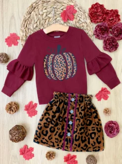 Fierce Pumpkin Vibes Leopard Skirt Set 17 Fierce Pumpkin Vibes Leopard Skirt Set -Kid's Apparel Sales GTSEB003 Burgundy scaled