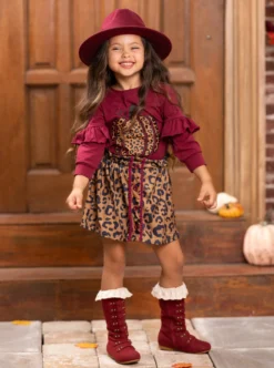 Fierce Pumpkin Vibes Leopard Skirt Set 11 Fierce Pumpkin Vibes Leopard Skirt Set -Kid's Apparel Sales GTSEB003 Burgundy 2 scaled