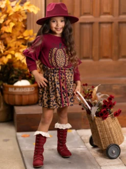 Fierce Pumpkin Vibes Leopard Skirt Set 12 Fierce Pumpkin Vibes Leopard Skirt Set -Kid's Apparel Sales GTSEB003 Burgundy 8 scaled