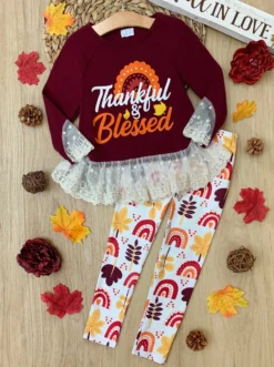 Thankful & Blessed Legging Set -Kid's Apparel Sales GTSEB010 Brown scaled