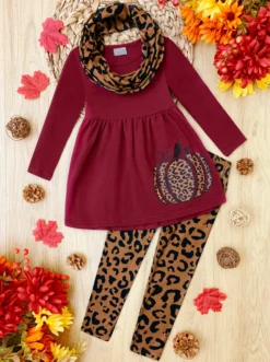 Wild Pumpkin Vibes Tunic, Leggings & Scarf Set -Kid's Apparel Sales GTSEB012 Burgundy scaled