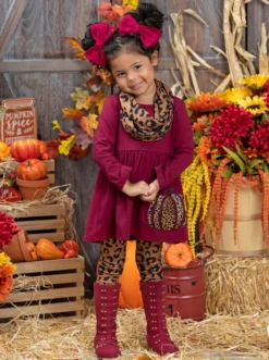Wild Pumpkin Vibes Tunic, Leggings & Scarf Set -Kid's Apparel Sales GTSEB012 Burgundy 4 scaled