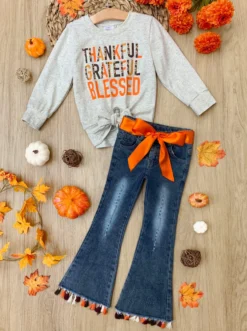 Thankful, Grateful, Blessed Tassel Bell Bottom Jeans Set -Kid's Apparel Sales GTSEB015 Ivory scaled