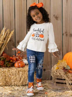 Thankful, Grateful, & Blessed Sequin Patched Jeans Set