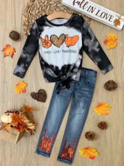 Peace, Love, Thanksgiving Sequin Hem Jeans Set