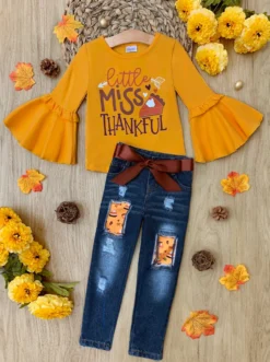 Little Miss Thankful Patched Jeans Set