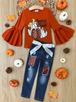 Thankful, Grateful, Blessed Patched Jeans Set