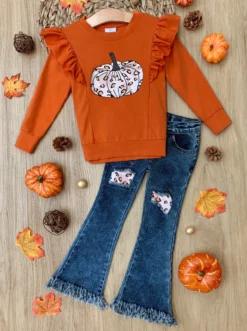 Pumpkin Party Patched Fringe Jeans Set 7 Pumpkin Party Patched Fringe Jeans Set -Kid's Apparel Sales GTSEB021 Orange scaled