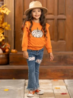 Pumpkin Party Patched Fringe Jeans Set 8 Pumpkin Party Patched Fringe Jeans Set -Kid's Apparel Sales GTSEB021 Orange 10 scaled