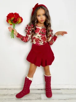 Totally Blooming Floral Top And Ruffle Skirt Set -Kid's Apparel Sales GWSEC004 Burgundy 2 scaled