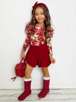 Totally Blooming Floral Top And Ruffle Skirt Set -Kid's Apparel Sales GWSEC004 Burgundy 6 scaled