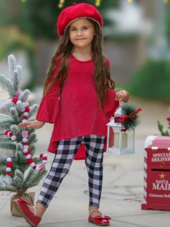 Autumn Glow Red Tunic Top & Gingham Leggings Set -Kid's Apparel Sales GWSEC005 Red 2