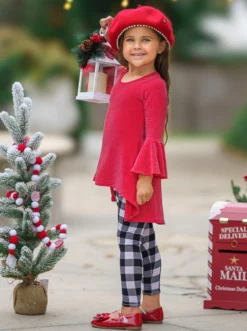 Autumn Glow Red Tunic Top & Gingham Leggings Set -Kid's Apparel Sales GWSEC005 Red 3