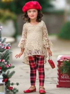 Autumn Glow Lace Tunic Top & Checkered Leggings Set -Kid's Apparel Sales GWSEC006 Cream 1