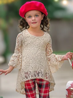 Autumn Glow Lace Tunic Top & Checkered Leggings Set -Kid's Apparel Sales GWSEC006 Cream 2