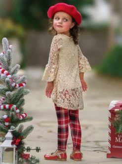 Autumn Glow Lace Tunic Top & Checkered Leggings Set -Kid's Apparel Sales GWSEC006 Cream 4
