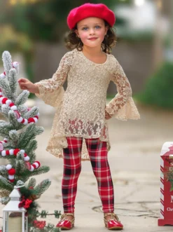 Autumn Glow Lace Tunic Top & Checkered Leggings Set