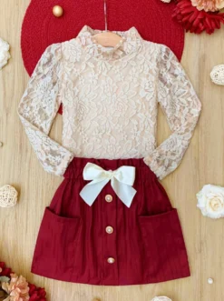 Laced To Impress Lace Top And Red Skirt Set -Kid's Apparel Sales GWSEC007 Burgundy11