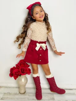 Laced To Impress Lace Top And Red Skirt Set -Kid's Apparel Sales GWSEC007 Burgundy 3 scaled