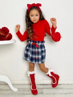 Playful Patches Red Turtleneck Top And Plaid Skirt Set -Kid's Apparel Sales GWSEC007 Navy scaled