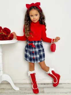 Playful Patches Red Turtleneck Top And Plaid Skirt Set