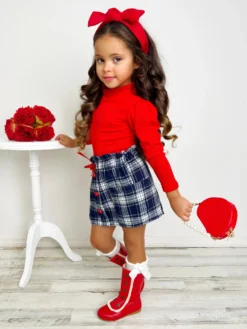 Playful Patches Red Turtleneck Top And Plaid Skirt Set -Kid's Apparel Sales GWSEC007 Navy 3 scaled