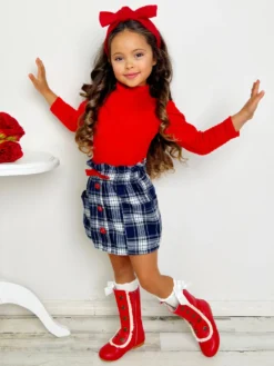 Playful Patches Red Turtleneck Top And Plaid Skirt Set -Kid's Apparel Sales GWSEC007 Navy 4 scaled