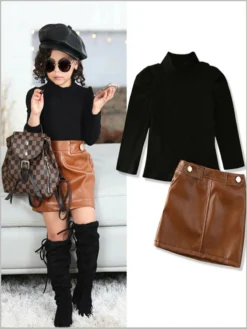 Girls A Little Chic Top And Vegan Leather Skirt Set