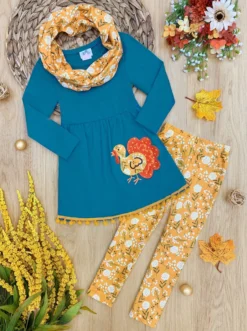 Turkey Season Pom Pom Tunic, Leggings & Scarf Set -Kid's Apparel Sales IMG 8748 scaled