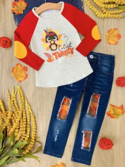 Cutest Turkey Raglan Top & Patched Jeans Set