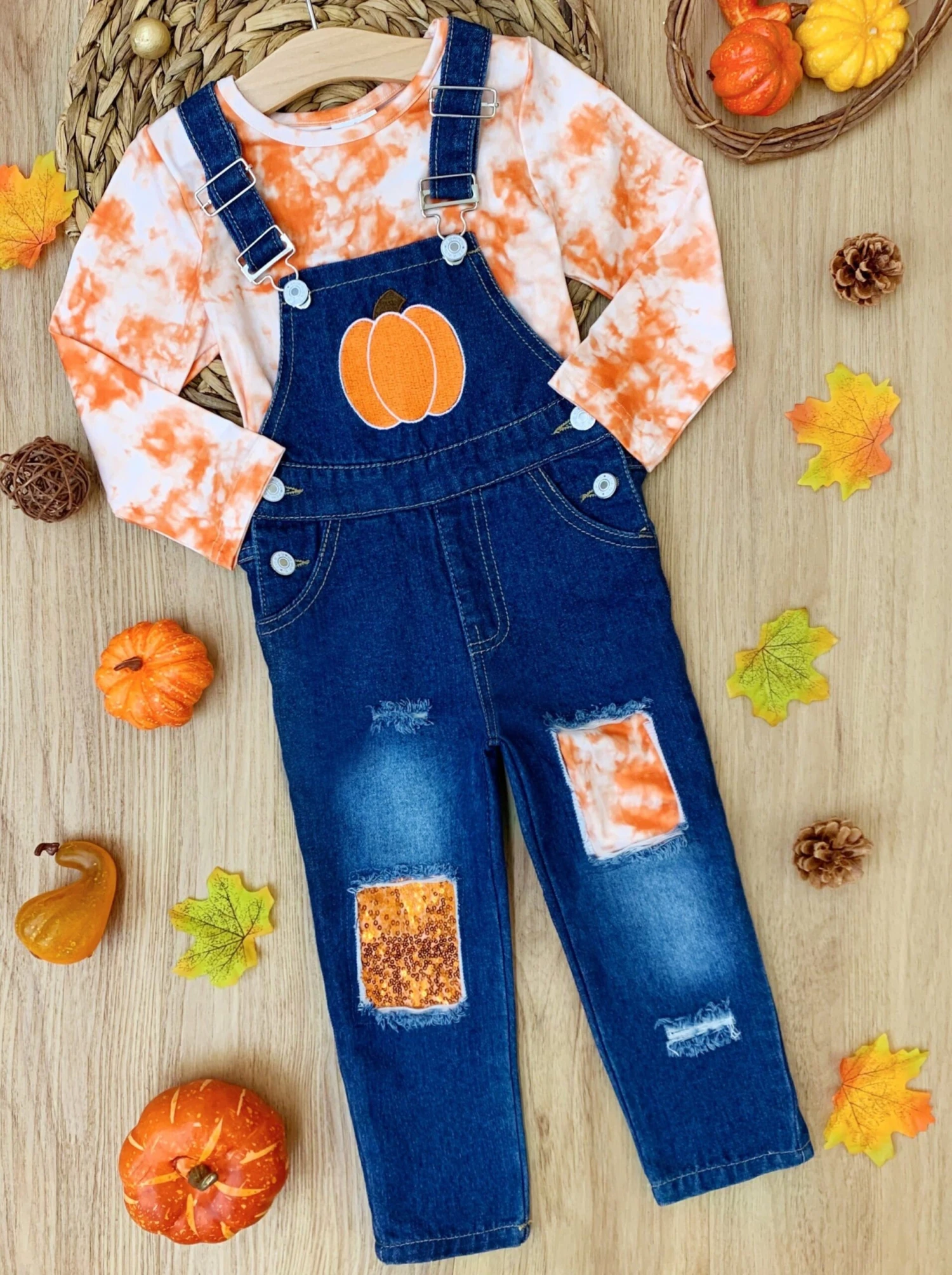 Tie Dye Pumpkin Patched Denim Overall Set 3 Tie Dye Pumpkin Patched Denim Overall Set - Image 3
