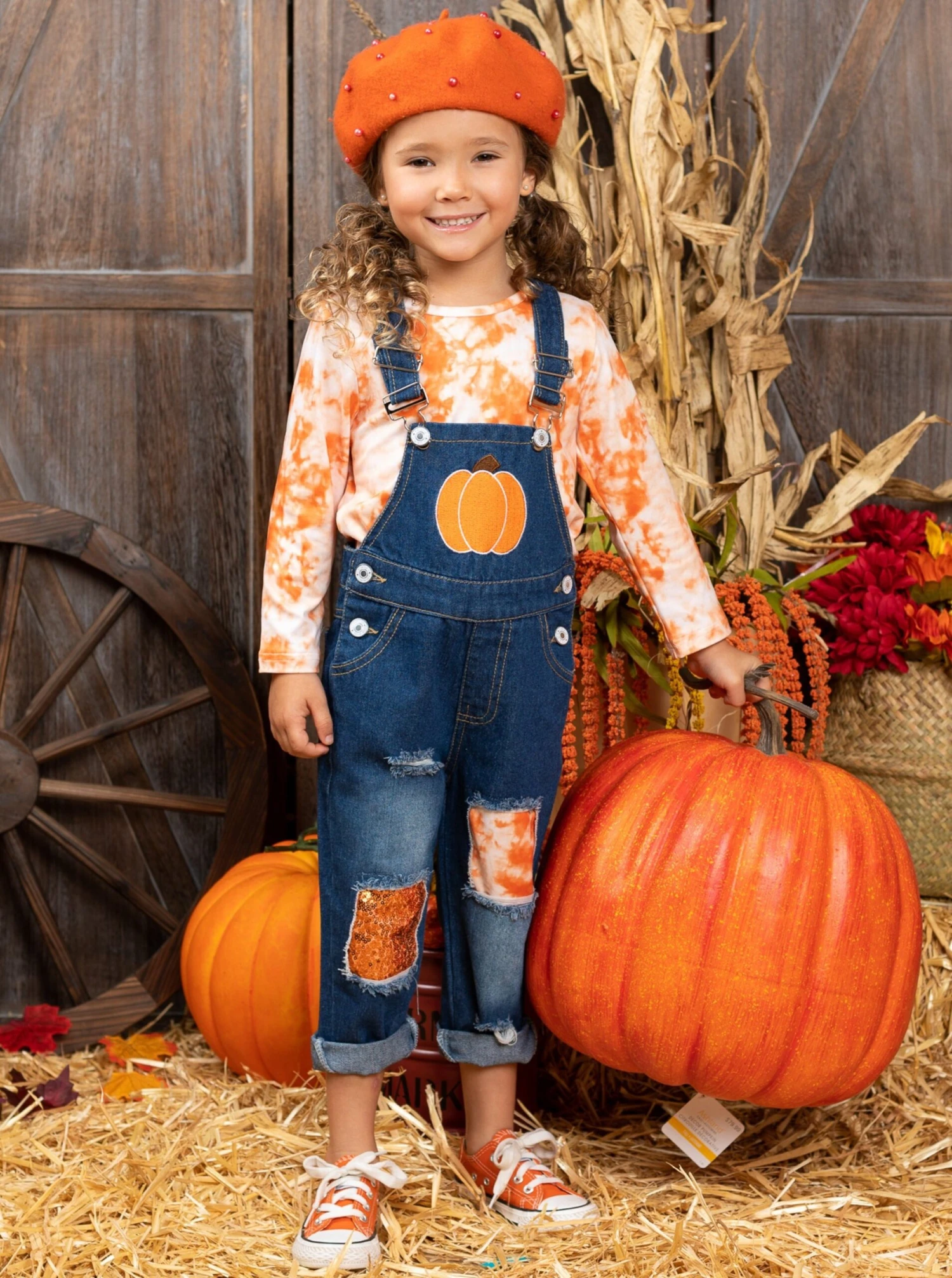 Tie Dye Pumpkin Patched Denim Overall Set 2 Tie Dye Pumpkin Patched Denim Overall Set - Image 2