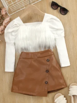 Fur Crop Top And Vegan Leather Skort Set
