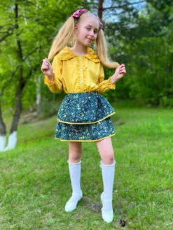 Calico Cuteness Ruffle Blouse & Tiered Skirt Set