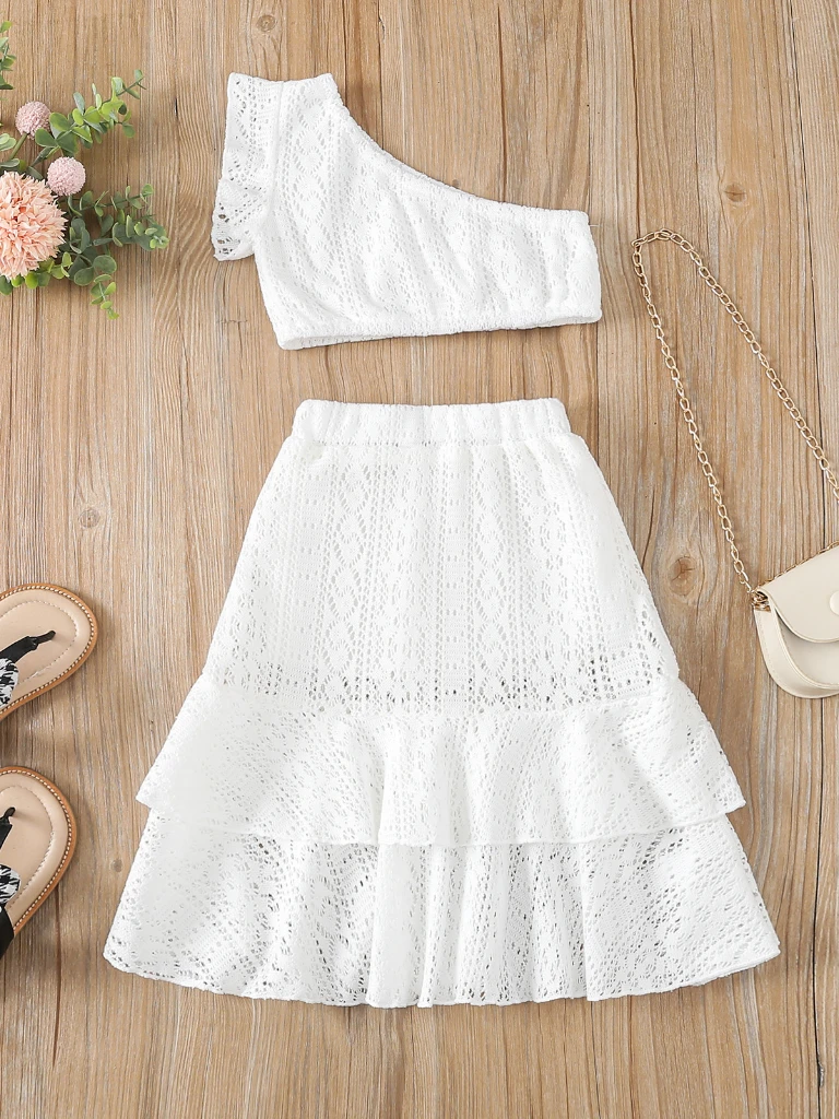 Ladylike Lace One Shoulder Crop Top & Skirt Set 3 Ladylike Lace One Shoulder Crop Top & Skirt Set - Image 3