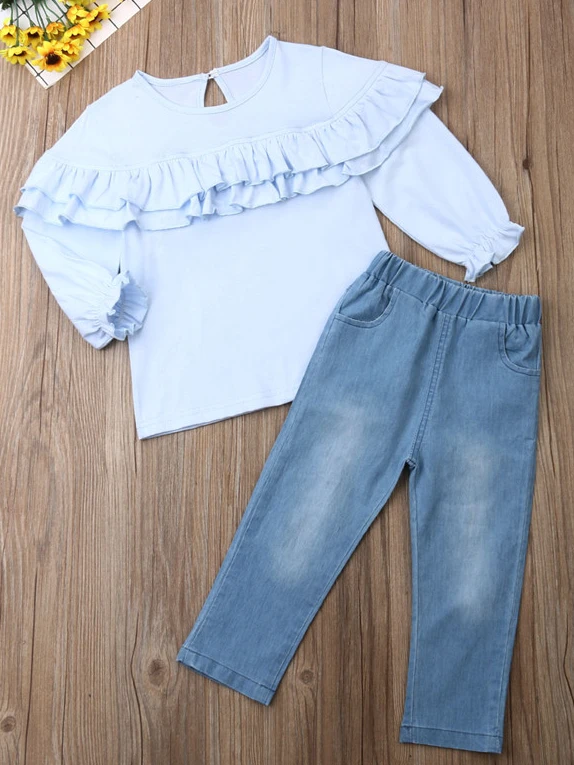 Romantic Ruffle Sleeve Top & Denim Pants Set 1 Romantic Ruffle Sleeve Top & Denim Pants Set
