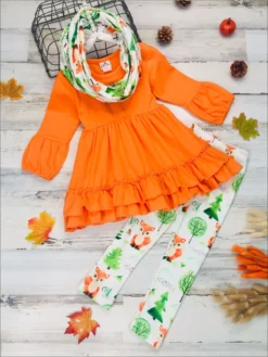 Fall Frolic Tunic, Legging & Scarf Set -Kid's Apparel Sales girls 34 sleeve double ruffle tunic leggings scarf set orange 3t 20 39 99 40 59 10y12y 2t3t 4t5y fall casual mia belle baby 844 79823303 5f4a 47e0 a845 36af43bc1d3d