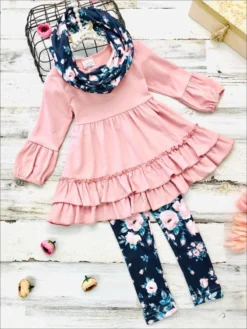 Bloom Like Me Ruffle Tunic, Floral Leggings & Scarf Set -Kid's Apparel Sales girls 34 sleeve double ruffle tunic leggings scarf set pink 3t 20 39 99 40 59 10y12y 2t3t 4t5y fall casual mia belle baby 442