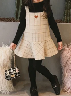 In The Books Sleeveless Drop Waist Dress & Coat Set -Kid's Apparel Sales girls beige a line plaid dress matching flat collar coat with heart detail set 20 39 99 40 59 6x6y 7y8y fall dressy mia belle overseas fulfillment baby 140